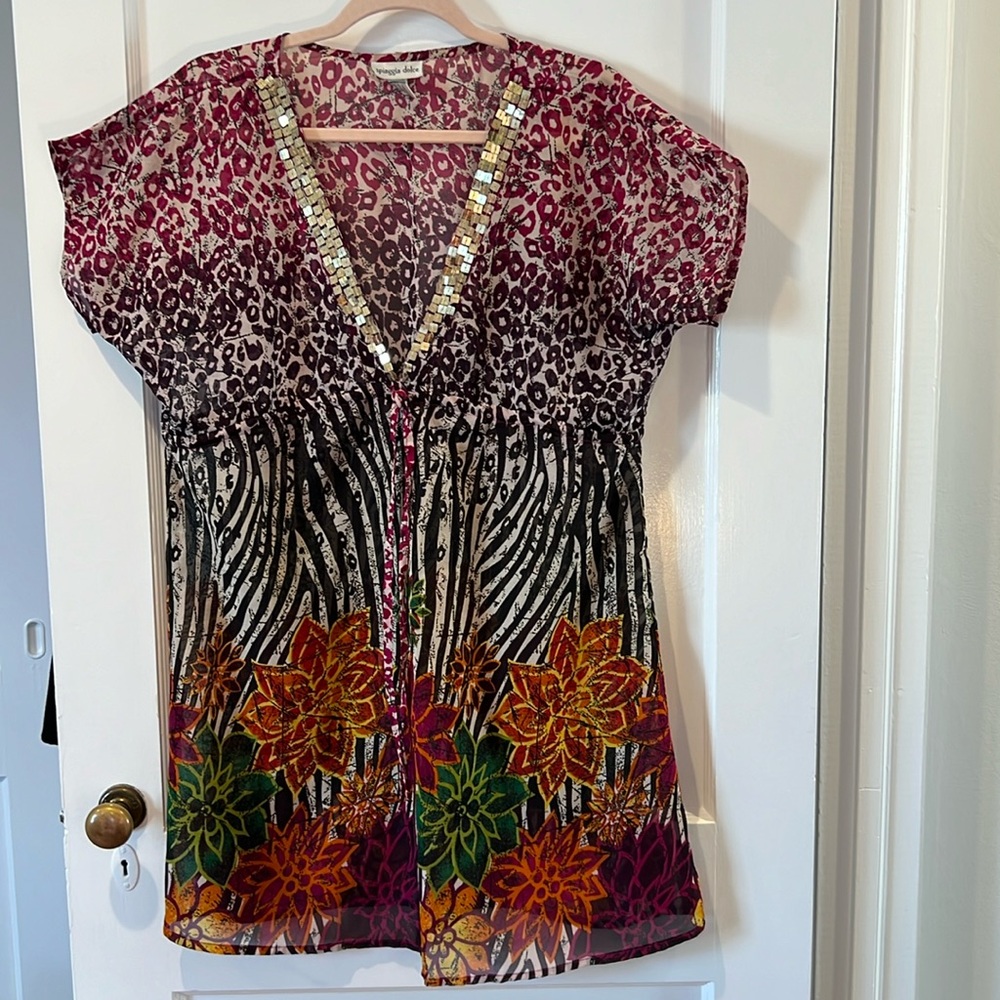 Spiaggia dolce colorful, sheer swimsuit, cover-up with gold sequin neckline trim